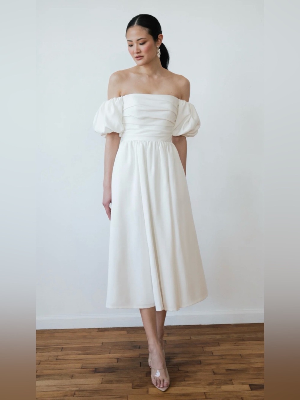 NWT Jenny Yoo Marcelle Off-Shoulder Puff Sleeve Midi Dress in White